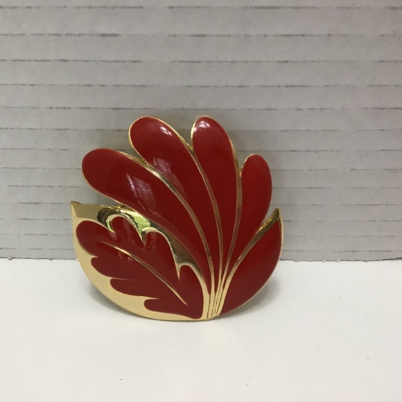 VTG ORENA Paris Large Gold/ Bright Red Enamel VTG  80s Leaf Floral Enamel Brooch - Picture 3 of 4